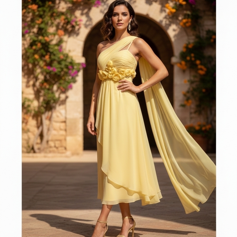 Strapless Yellow evening gown. Flower Detail. Size 6